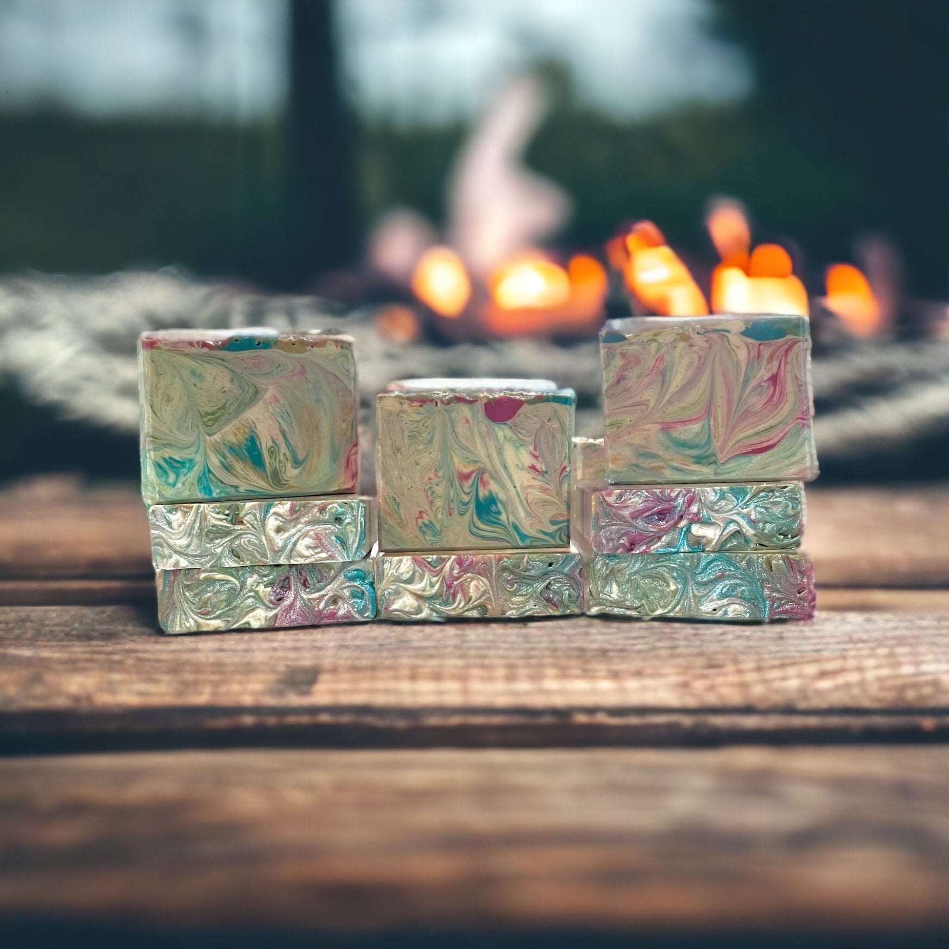 a group of soap  sitting on top of a wooden table